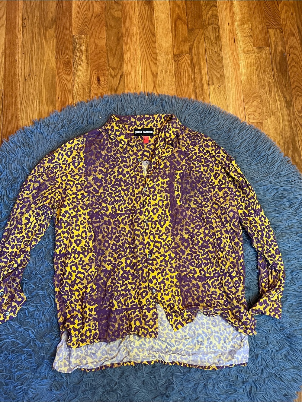 Double Rainbouu Men's Yellow Purple Leopard Print Button Down Shirt Size L